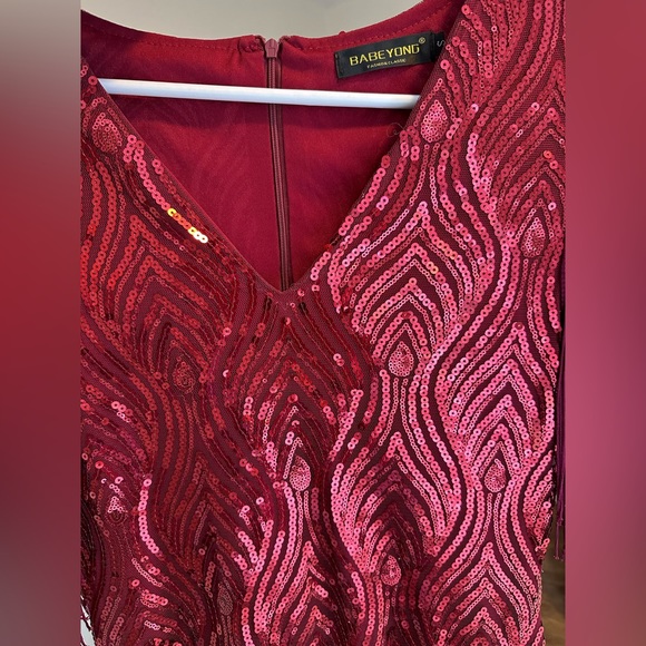 Vintage Great Gatsby Flapper Sequins Red Frill Dress - Picture 5 of 10